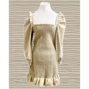 "7 For All Mankind" Faux Leather Smocked Ruffle Trim Mini Dress Sz L Beige NWT
